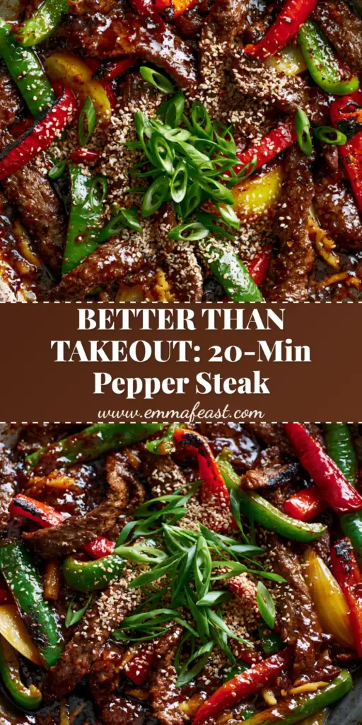 An overhead high-angle shot of a seasoned black carbon steel wok filled with Chinese pepper steak, featuring velveted beef and glossy sauce. (Chinese pepper steak recipe)
