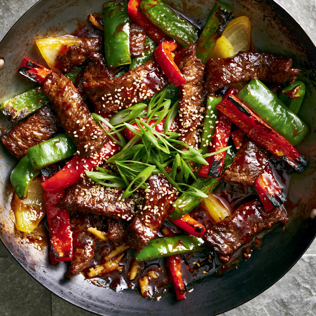 Close up of glossy dark brown sauce coating velveted flank steak and scallions.
