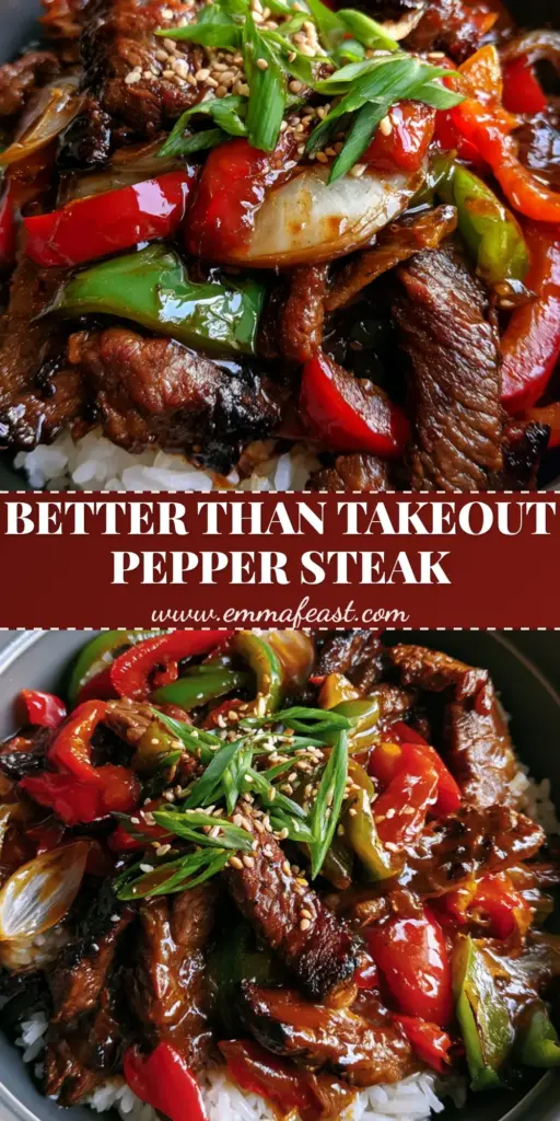 An overhead view of a bowl of Pepper Steak with ruby red and emerald green bell peppers, charred onions, and a thick mahogany glaze over jasmine rice.