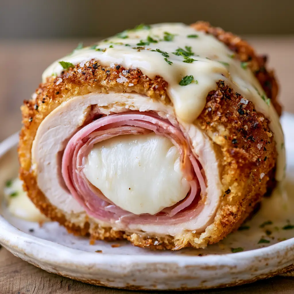 Handheld smartphone photo of Chicken Cordon Bleu on a white plate with visible sea salt and cracked pepper.