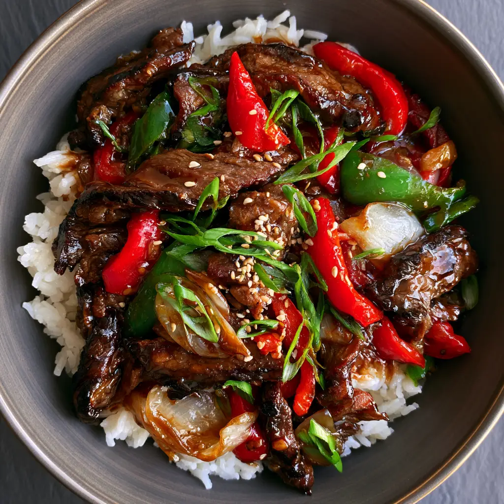 Handheld photo of Pepper Steak in a matte grey bowl featuring bright green scallions and white sesame seeds.