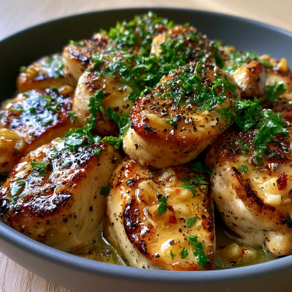 Overhead macro shot of chicken medallions topped with vibrant green parsley and cracked black pepper. (high protein dinners)