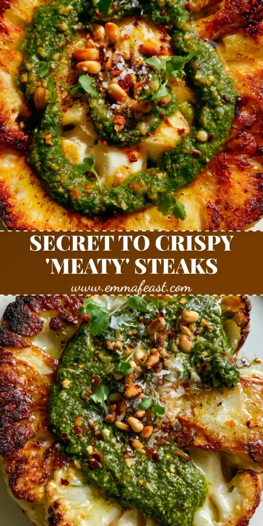 Cauliflower Steaks with Garlic-Herb Butter and Chimichurri 4 A thick-cut seared cauliflower steak on a white plate topped with chimichurri and pine nuts. (cauliflower steaks)