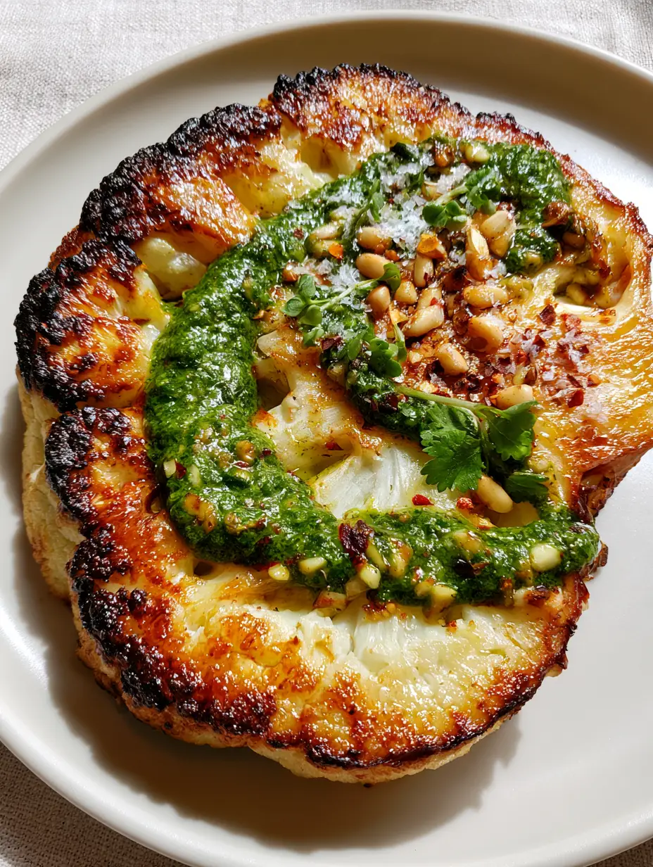 Cauliflower Steaks with Garlic-Herb Butter and Chimichurri 3 Top-down view of a golden-brown charred cauliflower steak with green chimichurri drizzle. (cauliflower steaks)