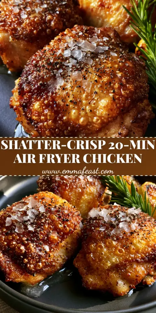 Chicken Thighs with Shatter-Crisp Bubbly Skin and Charred Caramelized Lemon 4 Close-up of three crispy air fryer chicken thighs with bubbly golden skin and charred lemon halves. (chicken thighs)