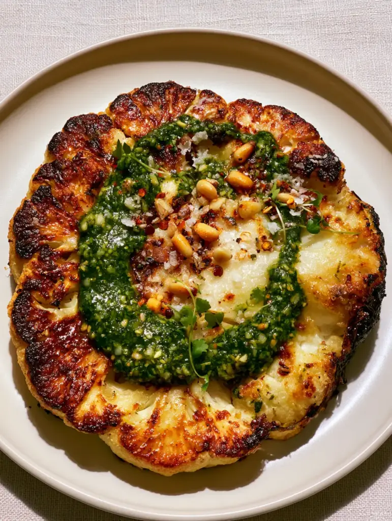 Cauliflower Steaks with Garlic-Herb Butter and Chimichurri 1 A thick cauliflower steak perfectly seared on an off-white ceramic plate with micro-cilantro garnish.