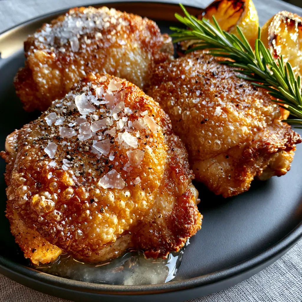 Chicken Thighs with Shatter-Crisp Bubbly Skin and Charred Caramelized Lemon 2 Extreme close-up of bubbly, golden-brown chicken skin with sea salt flakes and rosemary. (chicken thighs)