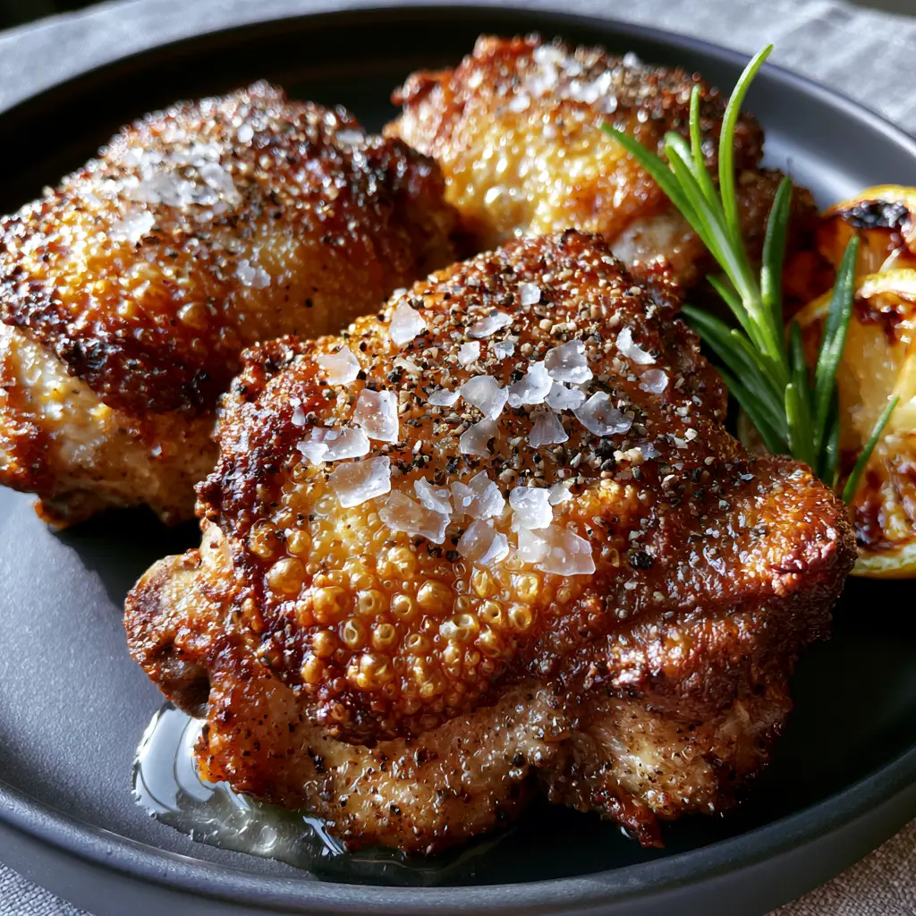 Chicken Thighs with Shatter-Crisp Bubbly Skin and Charred Caramelized Lemon 1 High-angle shot of three chicken thighs on a matte black plate with caramelized lemons.