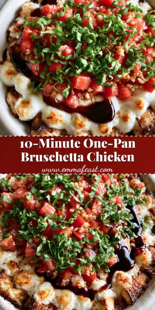 Bruschetta Chicken Casserole: The Ultimate One-Pan Italian Bake 3 A rustic white ceramic dish containing Bruschetta Chicken Casserole with golden seared chicken, melted mozzarella pearls, fresh tomatoes, and basil chiffonade.