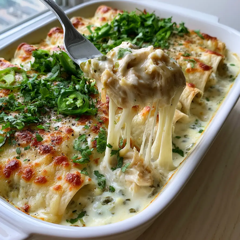 Close up of a fork lifting a portion of white chicken enchiladas showing the moist rotisserie chicken filling and stringy cheese pull.