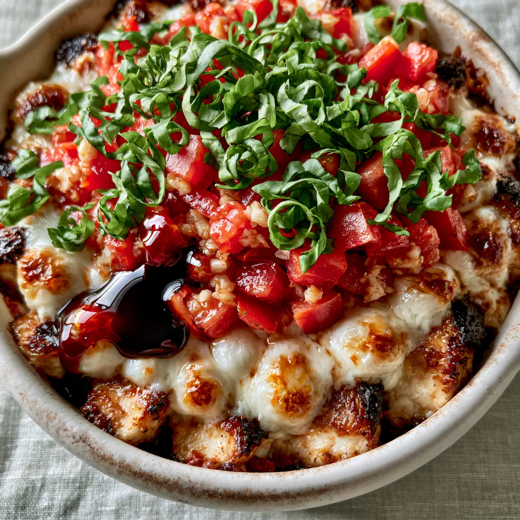Bruschetta Chicken Casserole: The Ultimate One-Pan Italian Bake 2 Close-up of seared chicken breasts topped with melted bubbly mozzarella pearls in a white dish. (Bruschetta Chicken Casserole)