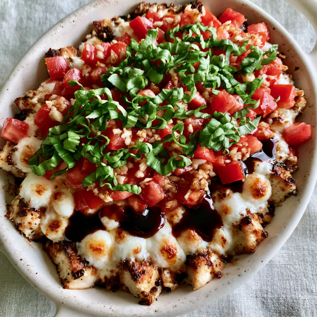 Bruschetta Chicken Casserole: The Ultimate One-Pan Italian Bake 1 A top-down view of Bruschetta Chicken Casserole showing the fresh basil garnish and thick balsamic glaze drizzle.