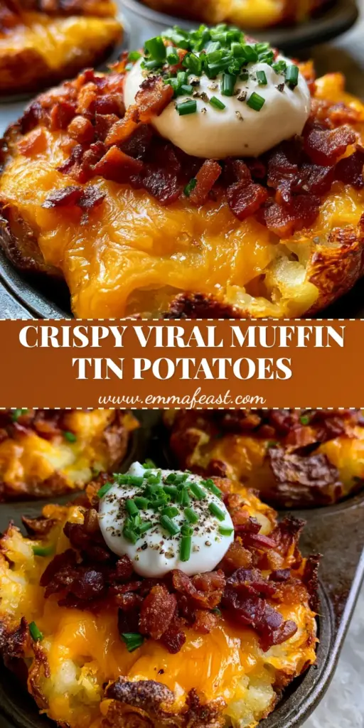 A close-up shot of three loaded smashed baked potatoes in a muffin tin with melted cheddar, bacon, and sour cream. (smashed baked potatoes)