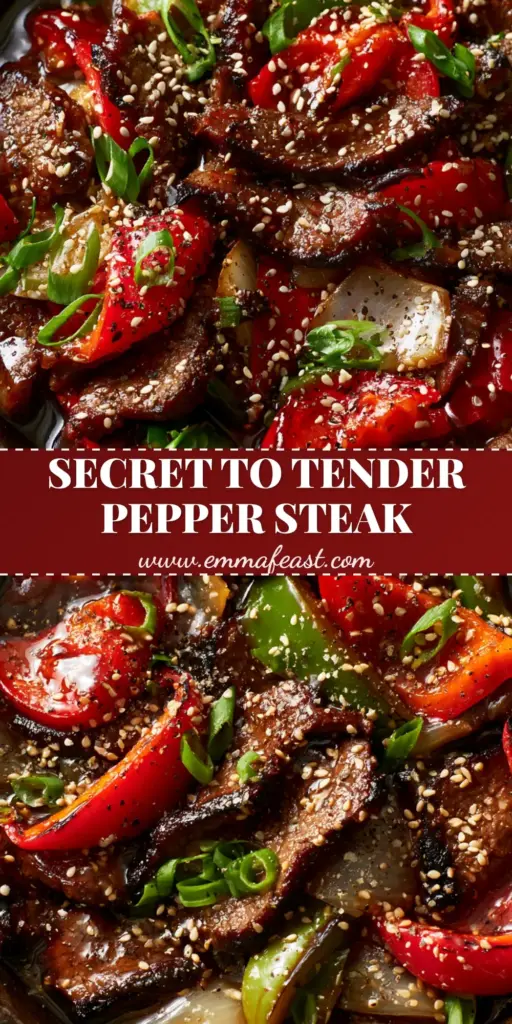 Pepper steak and onions: The Ultimate Guide to Silky Velveted Beef and Charred Peppers 4 A top-down macro shot of Pepper steak and onions in a seasoned cast iron skillet with glossy glaze and blistered peppers.