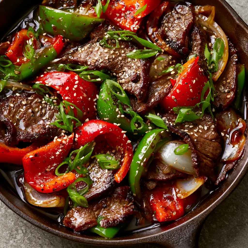 Pepper steak and onions: The Ultimate Guide to Silky Velveted Beef and Charred Peppers 2 Macro view of velveted flank steak with seared edges and glossy dark soy ginger glaze for Pepper steak and onions.