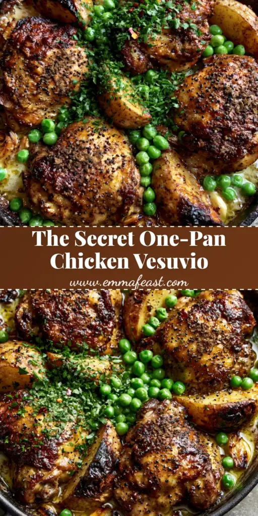 Top-down view of Chicken vesuvio in a cast iron skillet with crispy chicken, golden potatoes, and green peas.