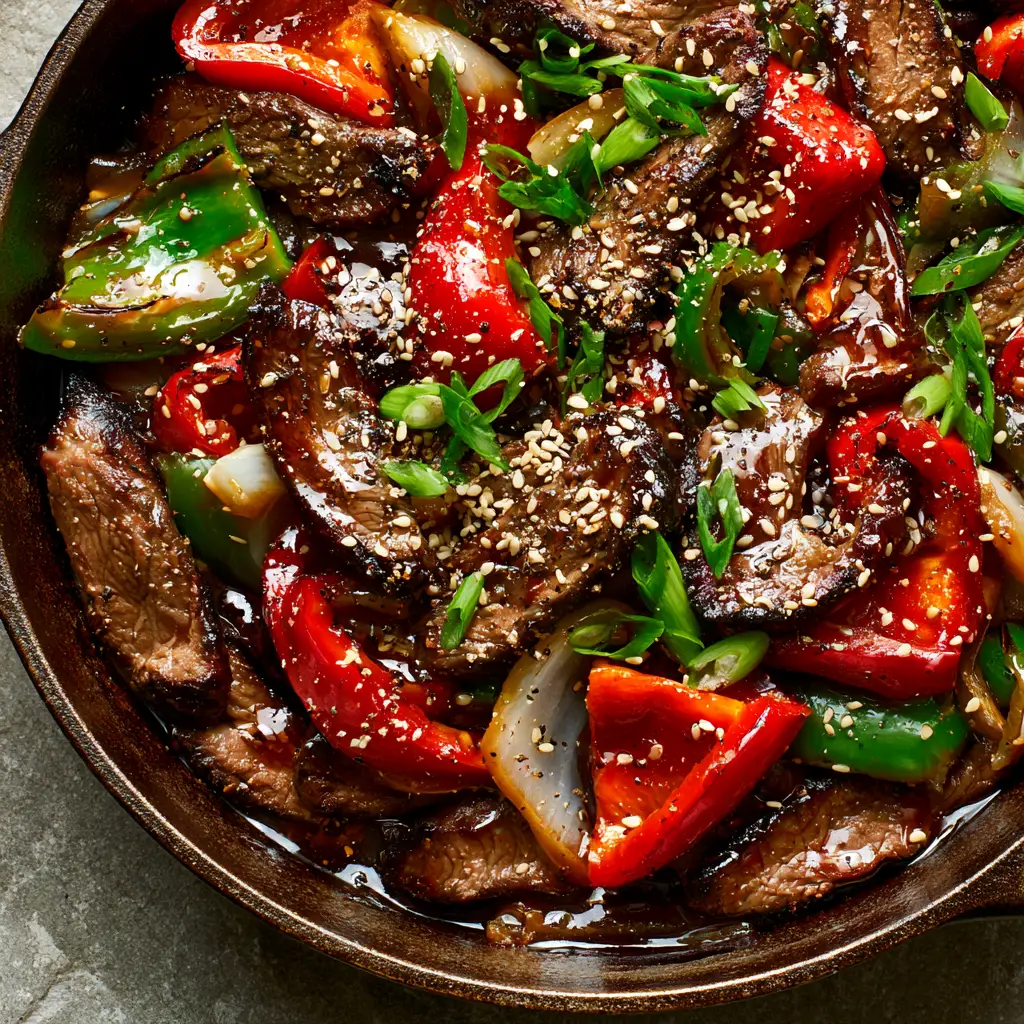 Pepper steak and onions: The Ultimate Guide to Silky Velveted Beef and Charred Peppers 1 Overhead view of blistered red and green peppers with translucent white onion petals in a Pepper steak and onions stir fry.