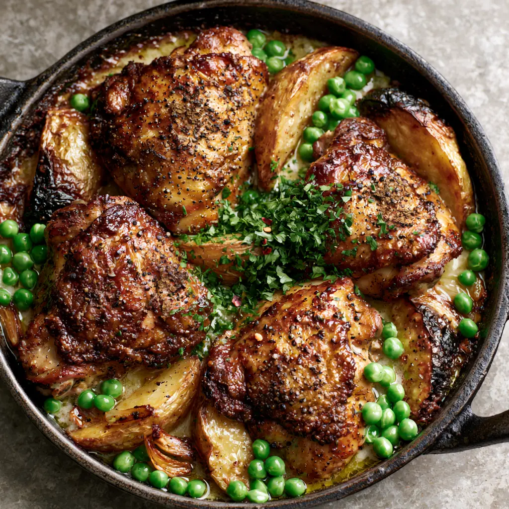 Slivered garlic and green peas in a glossy white wine sauce for Chicken vesuvio.
