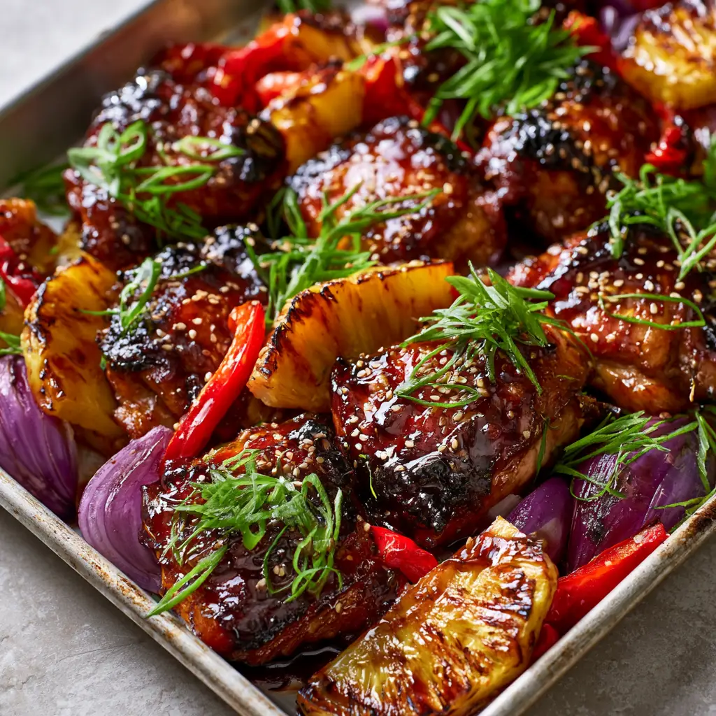 Rustic aluminum sheet pan containing Huli Huli Chicken, roasted red peppers, and purple onion petals.