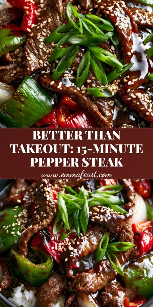 A top-down view of a matte black bowl containing glossy pepper steak with red and green bell peppers over jasmine rice. (pepper steak recipe)