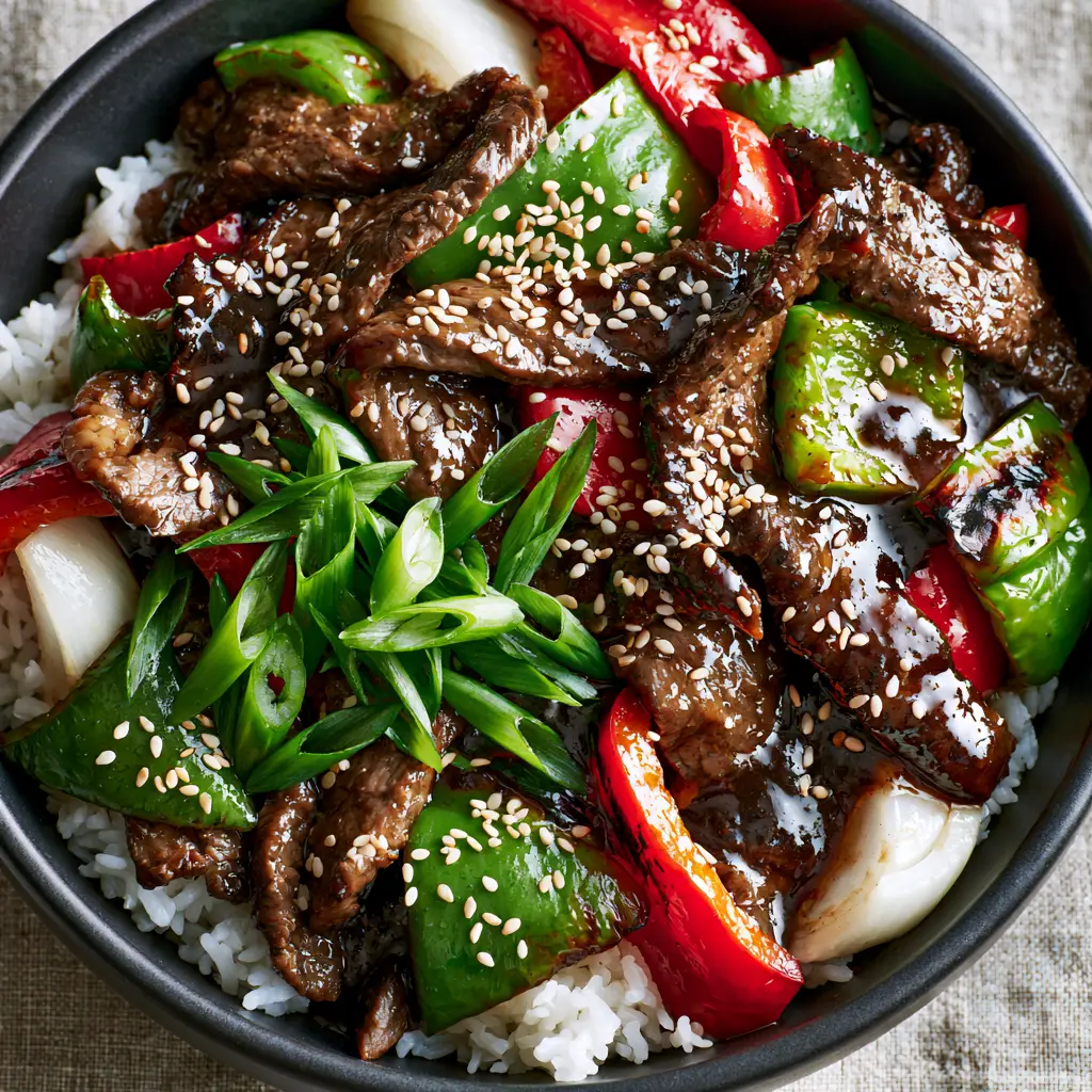 Vibrant blistered green and red bell peppers mixed with seared flank steak strips in a black bowl.