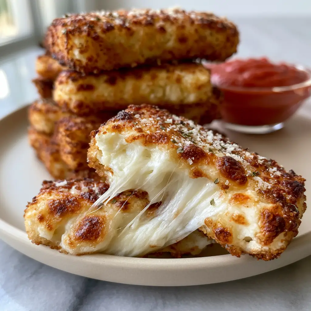 Close-up of golden-brown cottage cheese cheese sticks showing a stretchy white cheese center and oregano flecks.