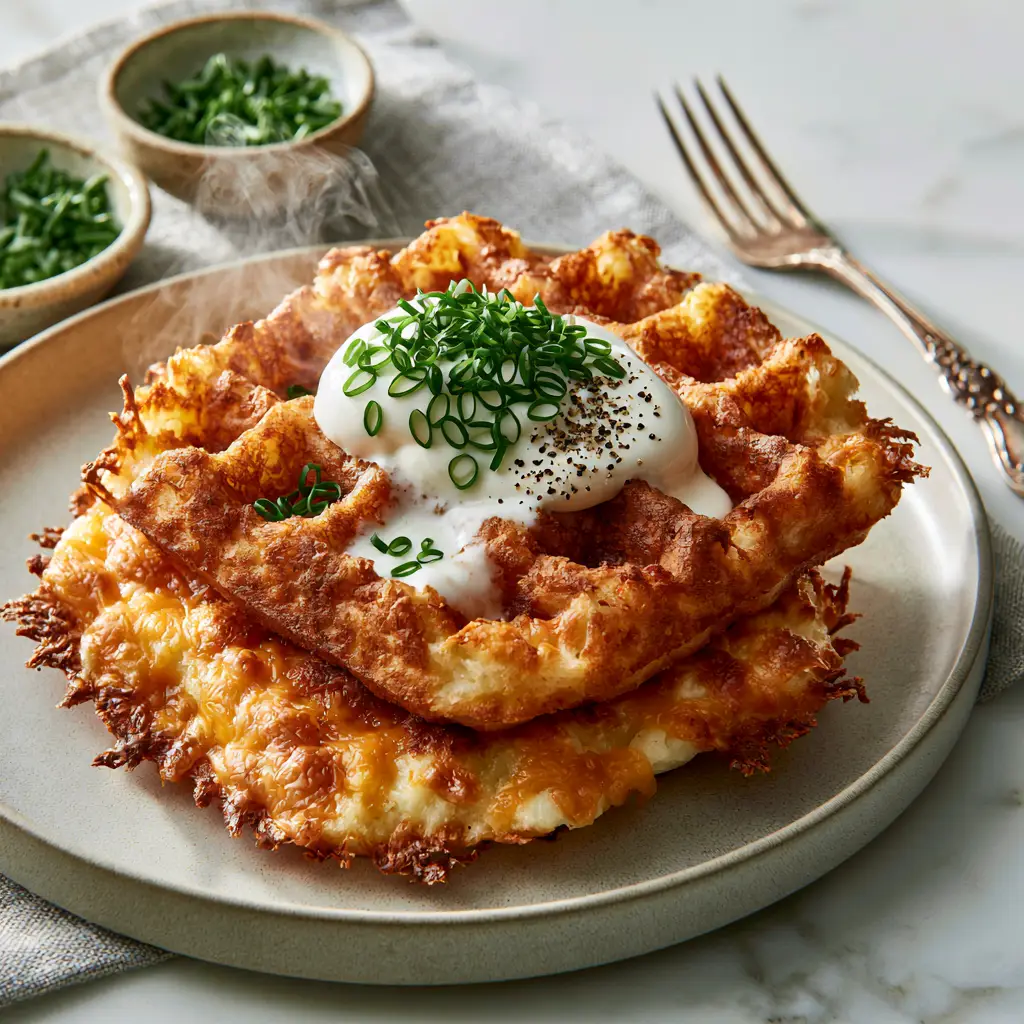 Potato Waffle Recipe with Crispy Toasted Cheddar and Creme Fraiche 2 Top-down view of golden-brown potato waffles with melted toasted cheddar and creme fraiche. (potato waffle recipe)