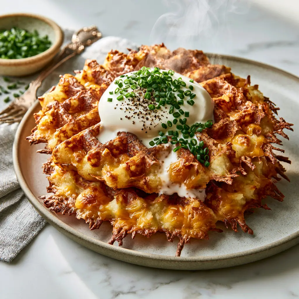 Potato Waffle Recipe with Crispy Toasted Cheddar and Creme Fraiche 1 Close-up of thick Belgian potato waffles with steam rising and melted creme fraiche.