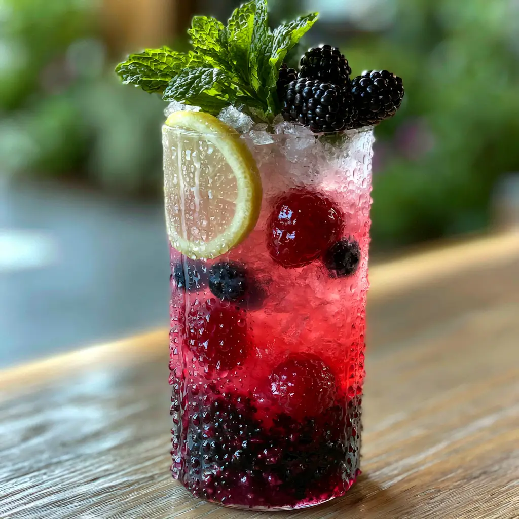 A smartphone style photo of Triple Berry Lemonade in natural sunlight with a garden background.