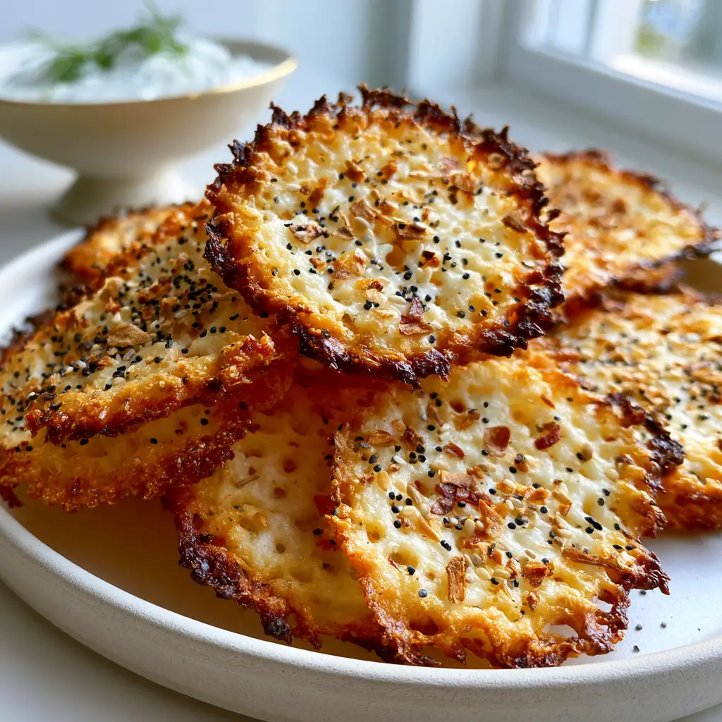 Close-up of lacy, bubbly texture on golden Baked Cottage Cheese Chips.