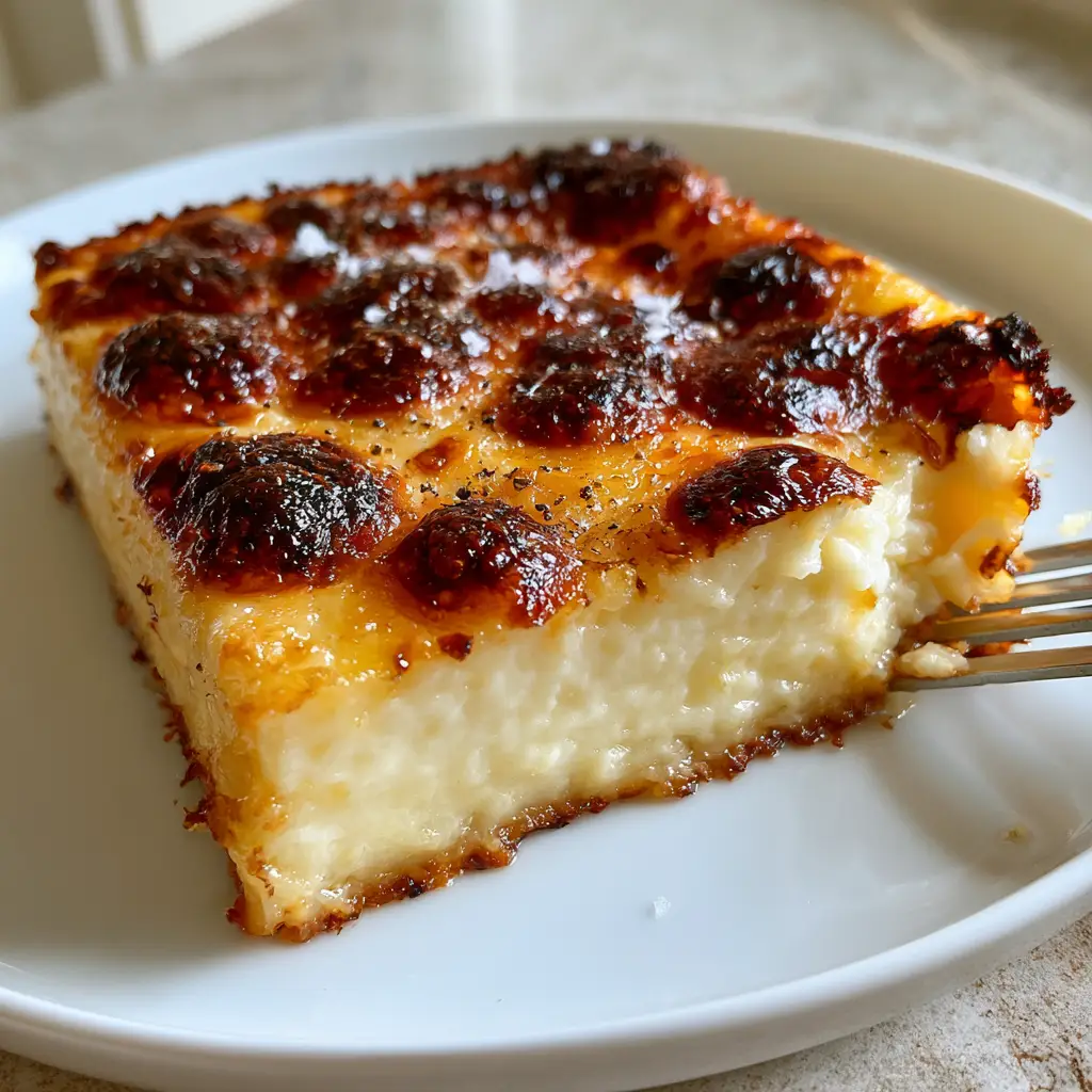 Cottage Cheese Bake with a Golden Toasted Cheese Crust 2 A macro shot of a slice of Cottage Cheese Bake on a white plate, showcasing a silky custard texture and amber cheese bubbles.