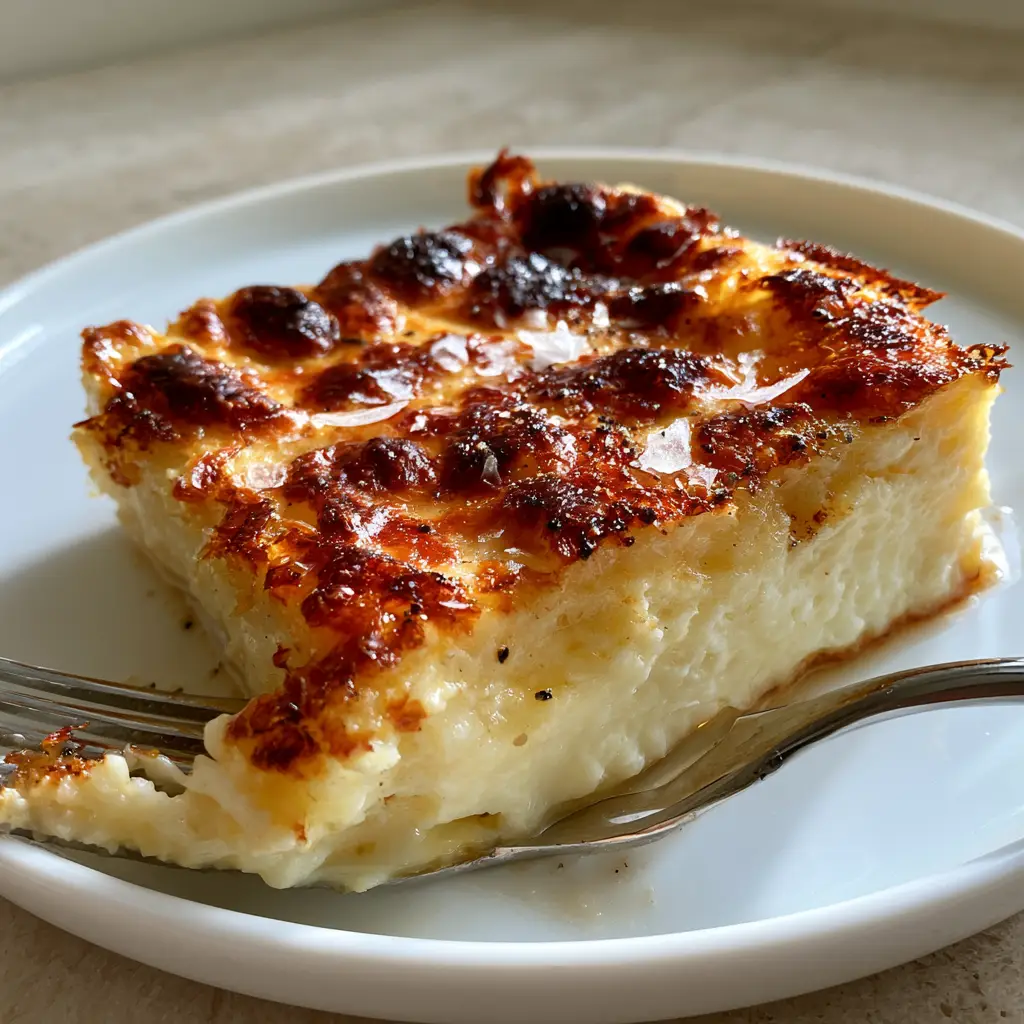 Cottage Cheese Bake with a Golden Toasted Cheese Crust 1 Top-down view of a single square slice of a Cottage Cheese Bake with golden-brown toasted cheese and crispy edges.