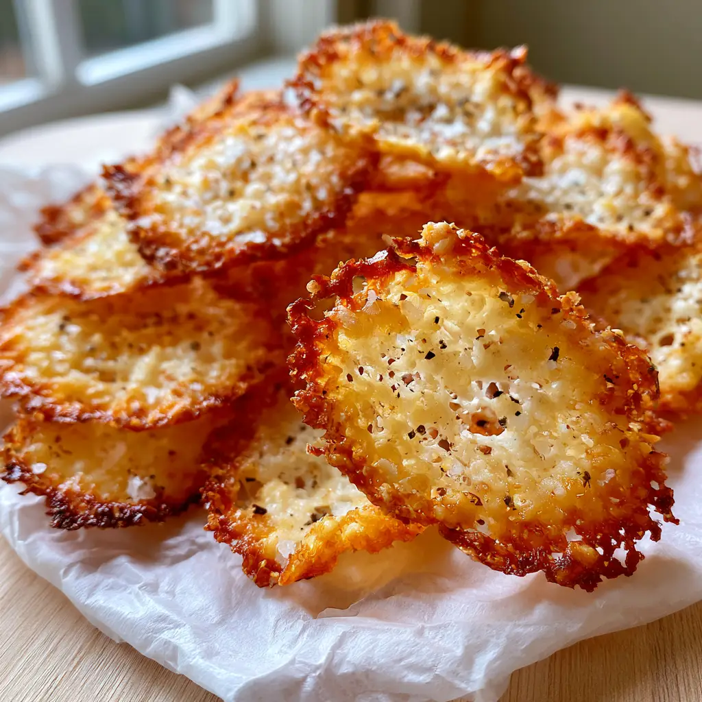 Ultra close-up of Crispy cottage cheese chips showing lacy texture and micro-craters. (Crispy cottage cheese chips)