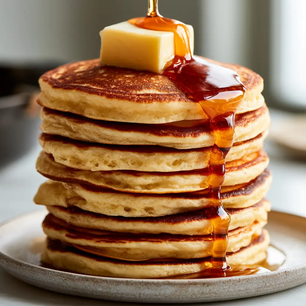 Viscous maple syrup pouring over a stack of seven pancakes for this fluffy pancakes recipe.