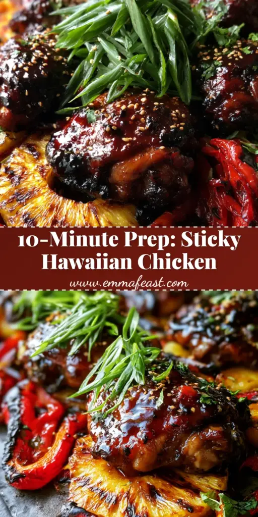 A dark sheet pan featuring mahogany glazed Hawaiian Huli Huli Chicken with charred pineapple rings and blistered red peppers.