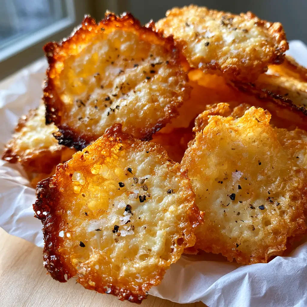 Crispy cottage cheese chips: The Ultimate High-Protein Crunchy Snack 1 A brittle cottage cheese chip propped up to show its paper-thin and translucent structure.