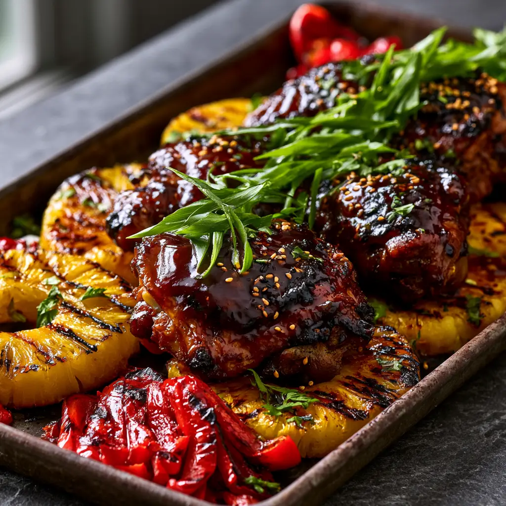 Wide shot of a dark sheet pan with charred pineapple rings, red peppers, and Huli Huli chicken.