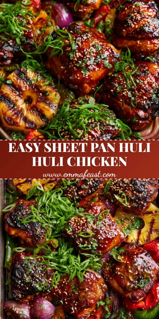 Baked Huli Huli Chicken with Charred Pineapple and Peppers 4 A rustic dark metal sheet pan filled with caramelized baked huli huli chicken thighs, charred pineapple rings, and blistered red and green peppers.