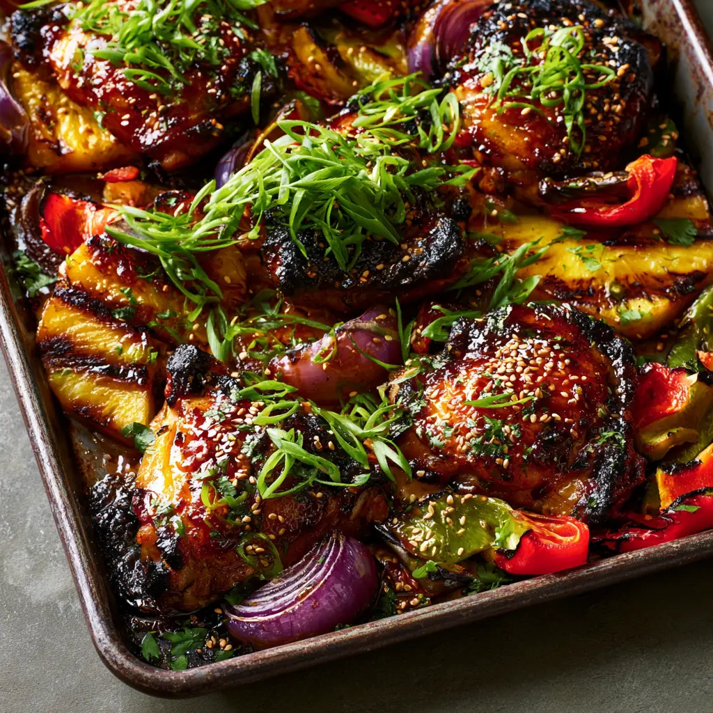Baked Huli Huli Chicken with Charred Pineapple and Peppers 2 Top-down view of sticky baked huli huli chicken thighs with distinct charred edges and vibrant blistered peppers.