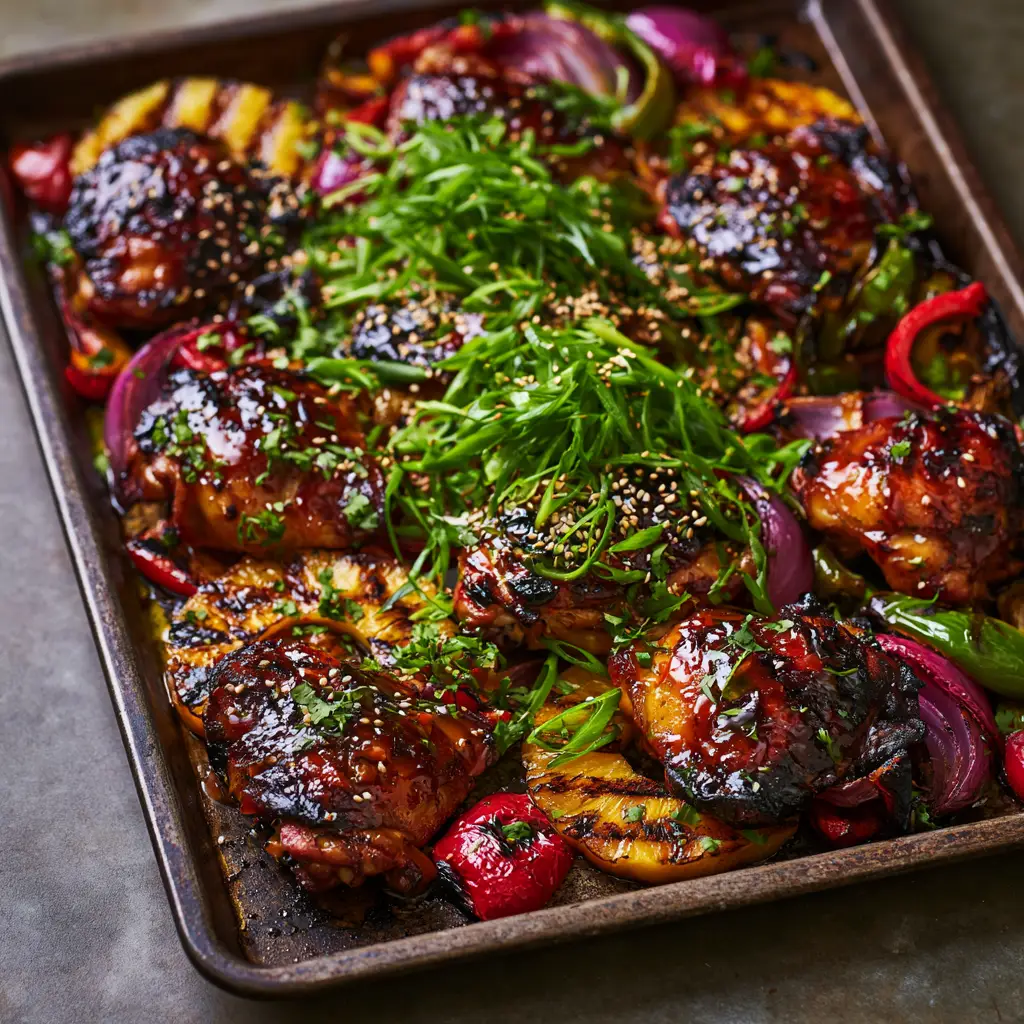 Baked Huli Huli Chicken with Charred Pineapple and Peppers 1 A close-up of baked huli huli chicken featuring thick amber glaze, sesame seeds, and fresh scallions on a dark stone background.