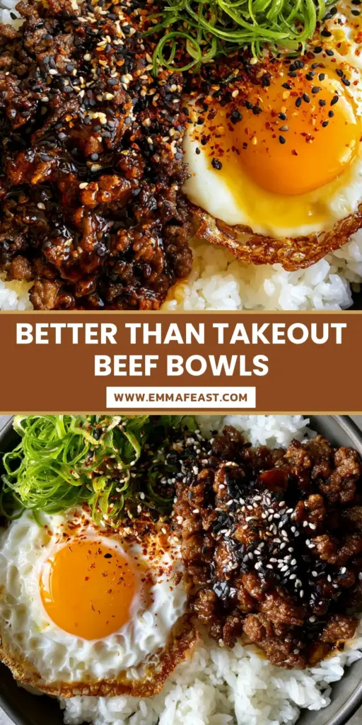 A close-up overhead shot of a ground beef bowl with a sticky mahogany glaze, jasmine rice, and a crispy sunny-side-up egg. (ground beef bowl recipes)