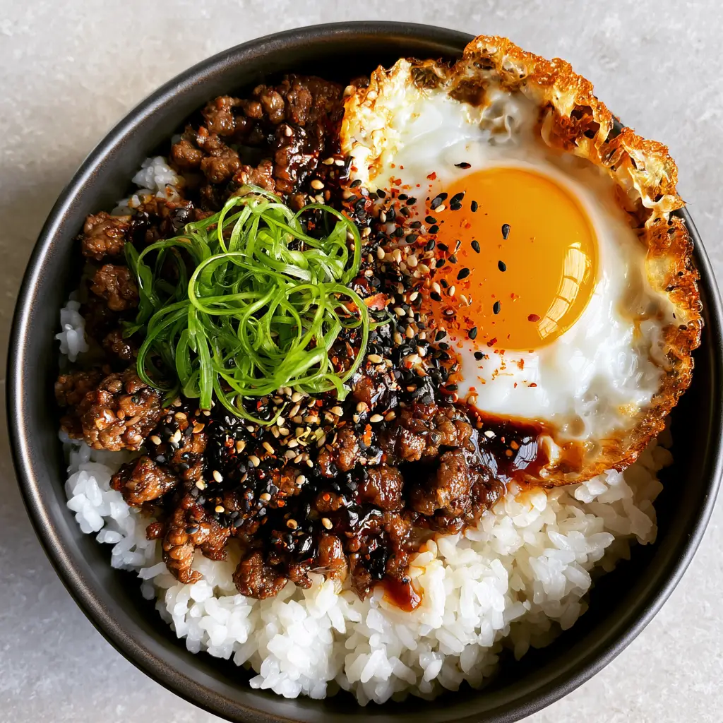 A top-down view showing the contrast between the crispy egg edges and the dark, glistening beef crumbles.