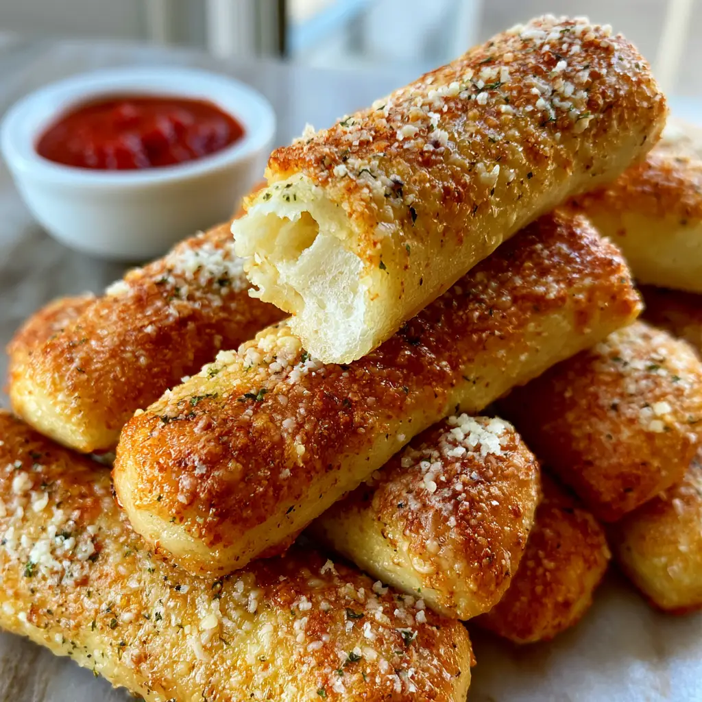 A pile of golden-brown breadsticks with dried parsley flakes and parmesan next to a bowl of thick red marinara sauce.