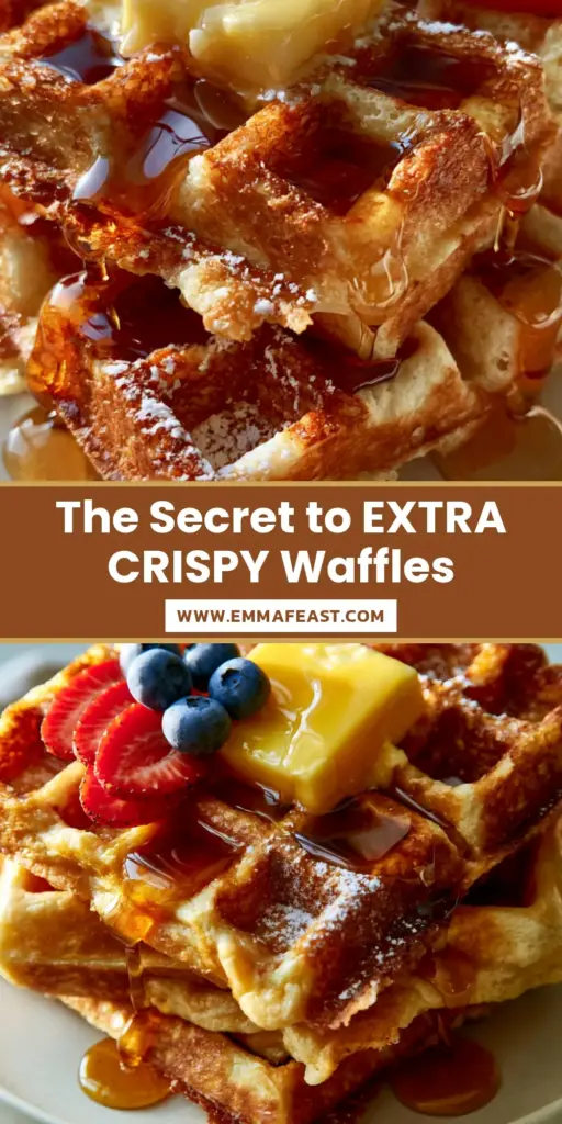 A stack of three thick Belgian waffles with deep grids, golden-brown crispy edges, melting salted butter, and cascading maple syrup on a cream plate. (homemade waffles recipe)