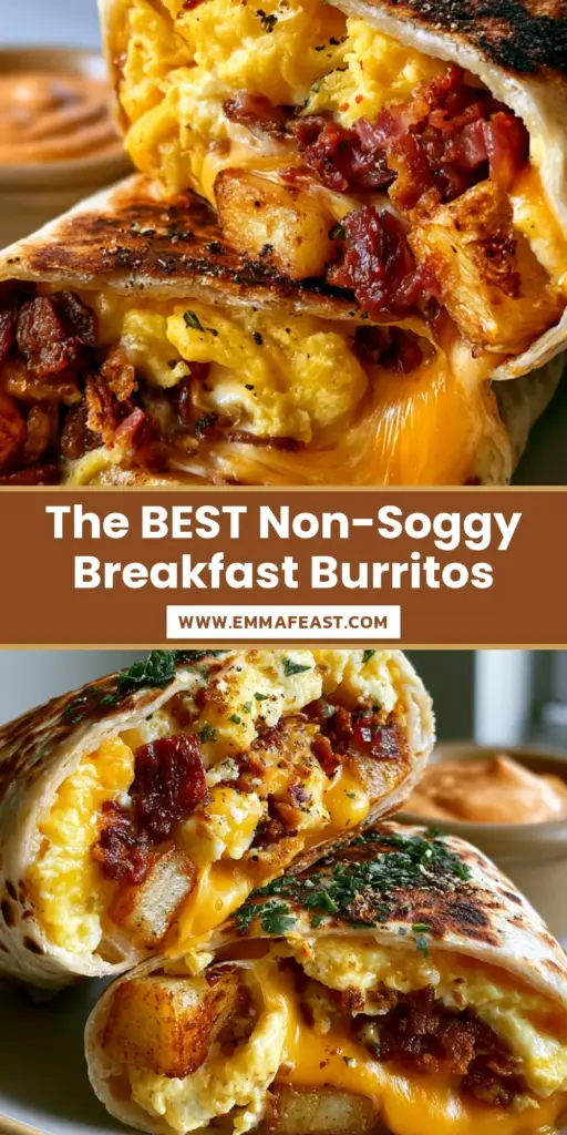 A stack of two breakfast burritos sliced in half showing layers of fluffy eggs, crispy bacon, and melted cheese with a side of chipotle sauce. (breakfast burritos recipe)