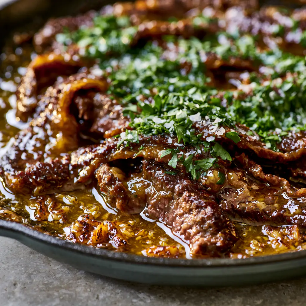 Thinly Sliced Ribeye Steak Recipes: The Ultimate Garlic Butter Skillet Sear 2 Extreme macro close-up of thinly sliced ribeye steak strips sizzling in a dark cast iron skillet with caramelized edges. (thinly sliced ribeye steak recipes)