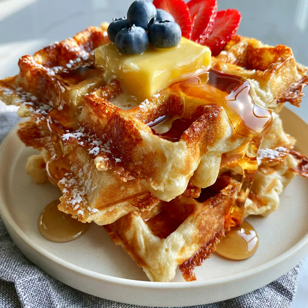 Close-up of waffles garnished with matte blueberries, sliced strawberries, and a light dusting of powdered sugar.