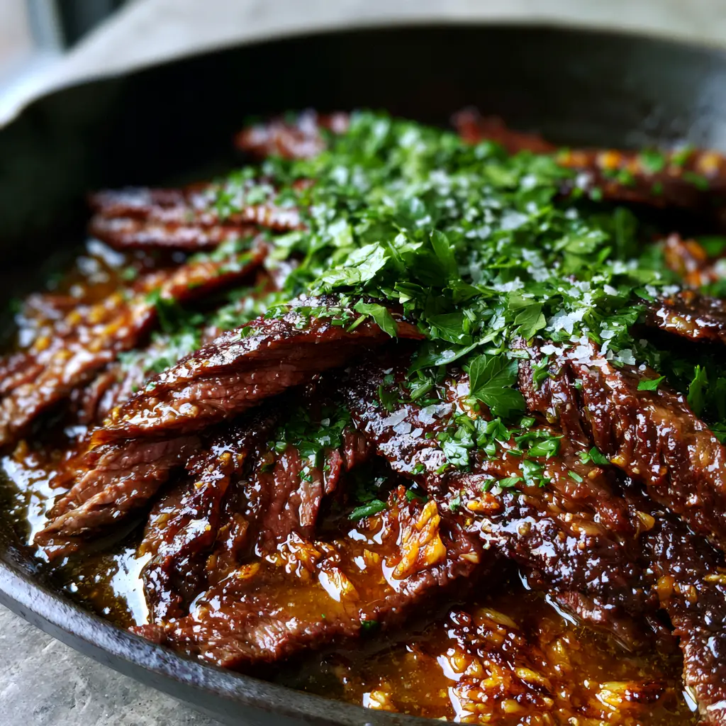 Thinly Sliced Ribeye Steak Recipes: The Ultimate Garlic Butter Skillet Sear 1 Thinly sliced ribeye coated in a glossy garlic butter sauce with toasted garlic bits and fresh parsley.