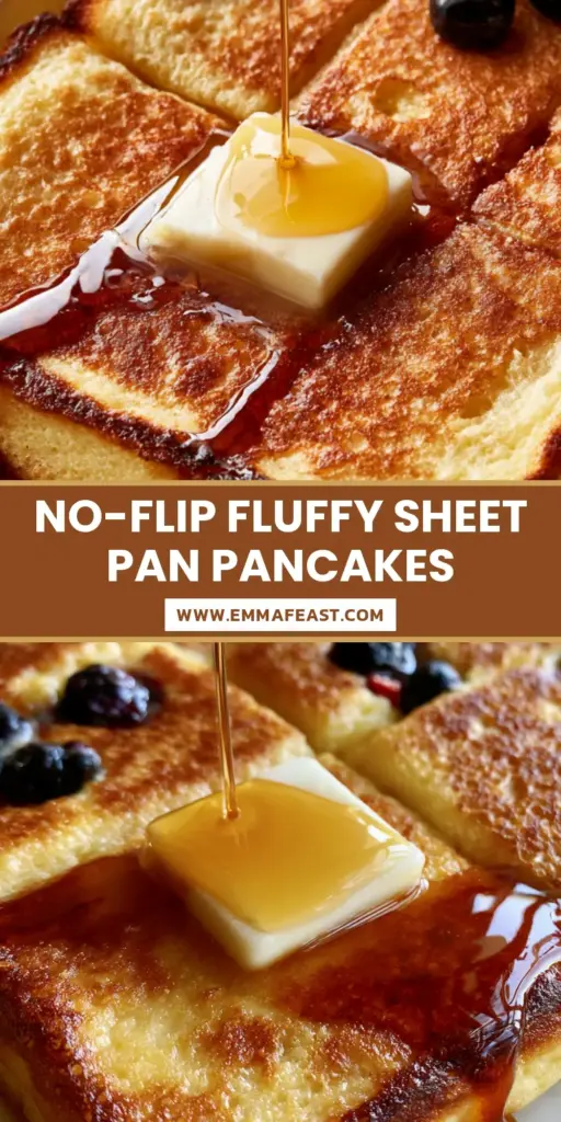 A high-angle shot of square-cut sheet pan pancakes topped with blueberries, strawberries, a pat of melting butter, and amber maple syrup. (pancake ideas)