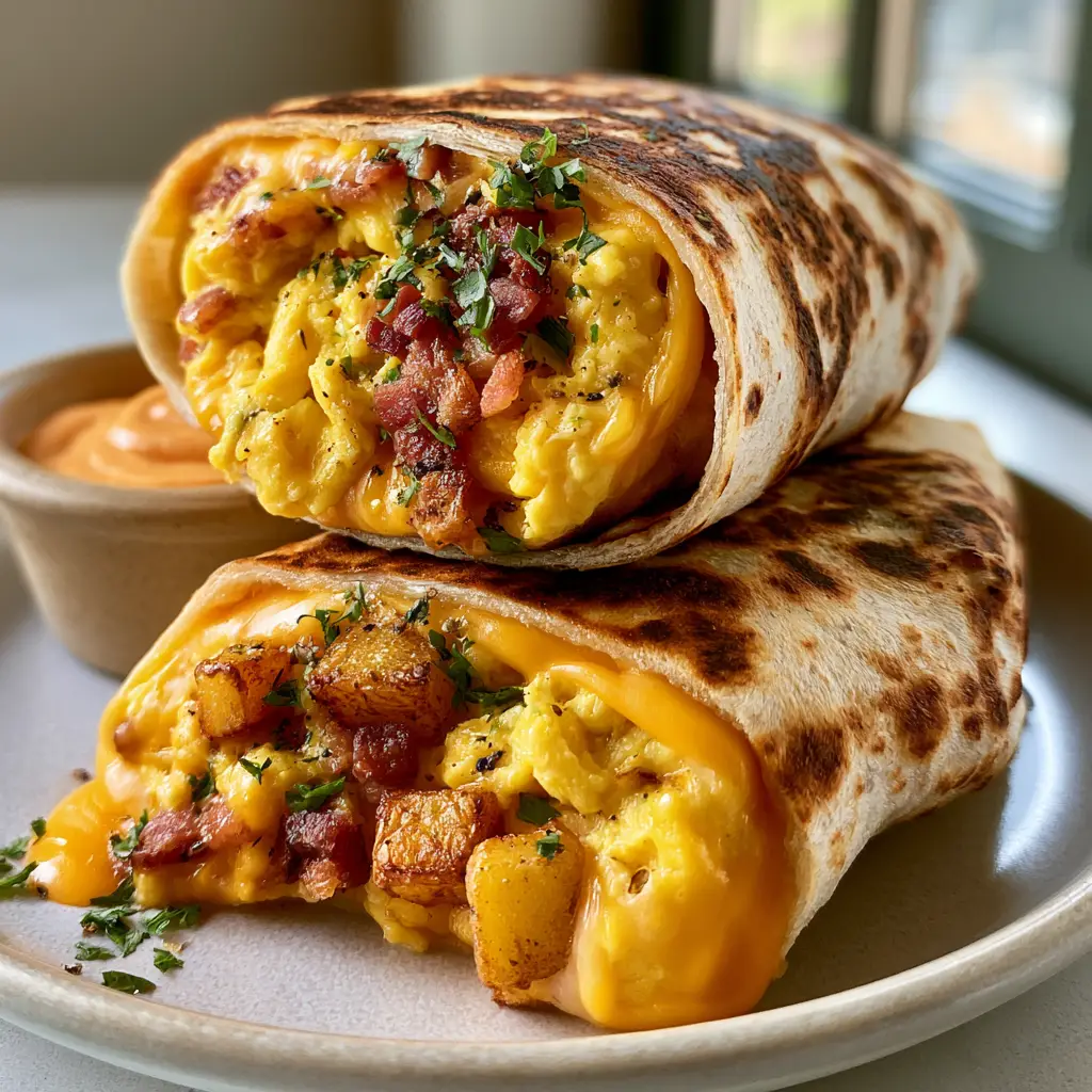 A cross-section of a breakfast burrito revealing melted cheddar cheese, yellow scrambled eggs, and roasted potato cubes.